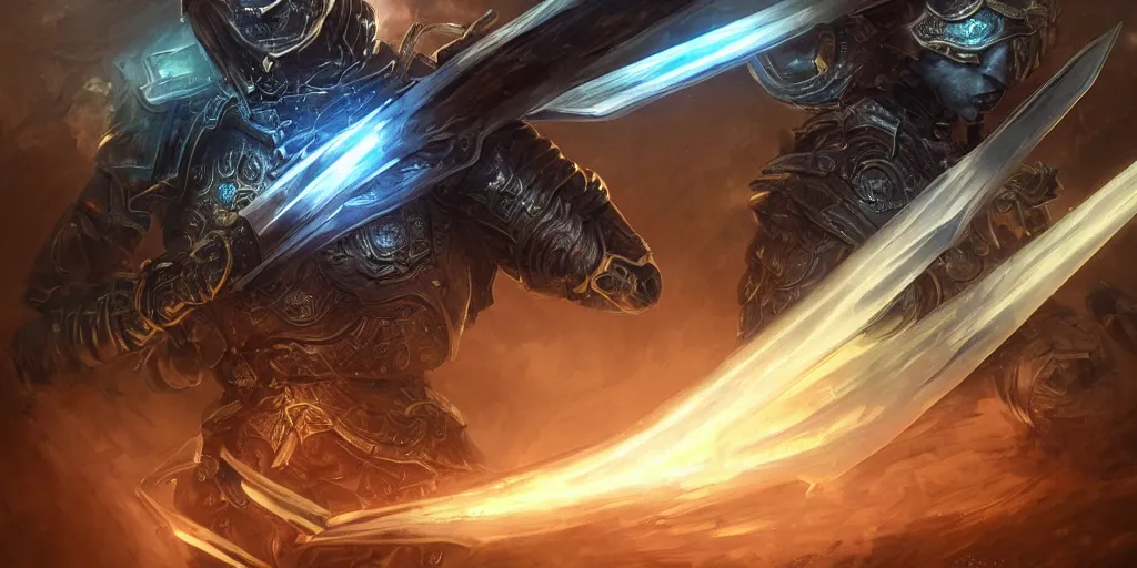 Image similar to legendary cybernetic full long sharp sword lying flat on a glowing table with a black and iridescent sword blade, digital award winning hd matte painting, intimate dark moody, intricate, ornate spikes, colorful gems on hilt, detailed realistic raytraced blade, future golden technological pommel, in the style of greg rutkowski and krenz cushart, deviantart