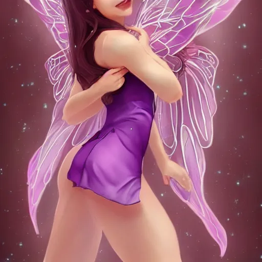 Prompt: very very very beautiful tiny fairy woman in her 20s with fairy wings wearing skintight purple dress, making eye contact, smiling, flirty, perfect body, perfect face, drawn by artgerm