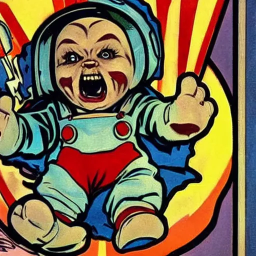 Prompt: a cute little chucky doll screaming. he is dressed as an astronaut. well composed, clean elegant painting, beautiful detailed face. comic book art by steve ditko and jack kirby and ( alphonse mucha )