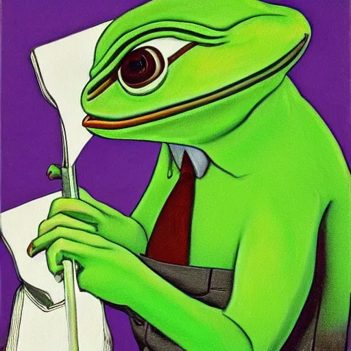 Image similar to pepe the frog in suit and tie, uncropped, painting by Joseph Christian Leyendecker