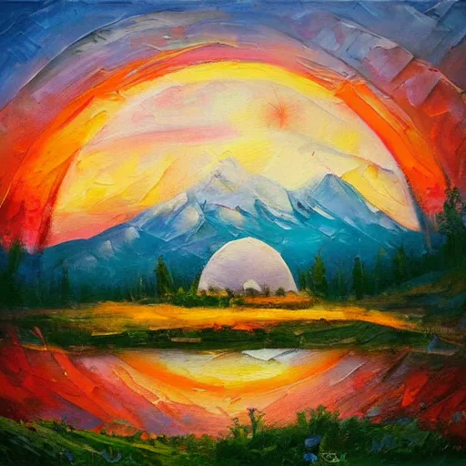 Image similar to several dreamy geodesic domes in a beautiful alpine environment at sunset, expressive oil painting
