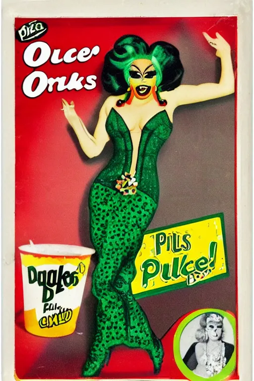 Image similar to drag queen on pickles cereal box, vintage packaging