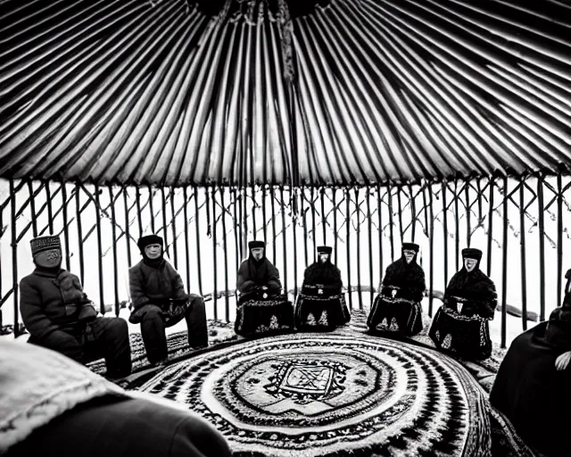 Image similar to tsar nikolai ii seats in yurt with kyrgyz people, black and white photo