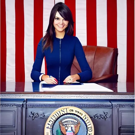 Prompt: professional portrait of Victoria Justice as president of the united states, 8k, ultra intricate, ultra detailed, cinematic,