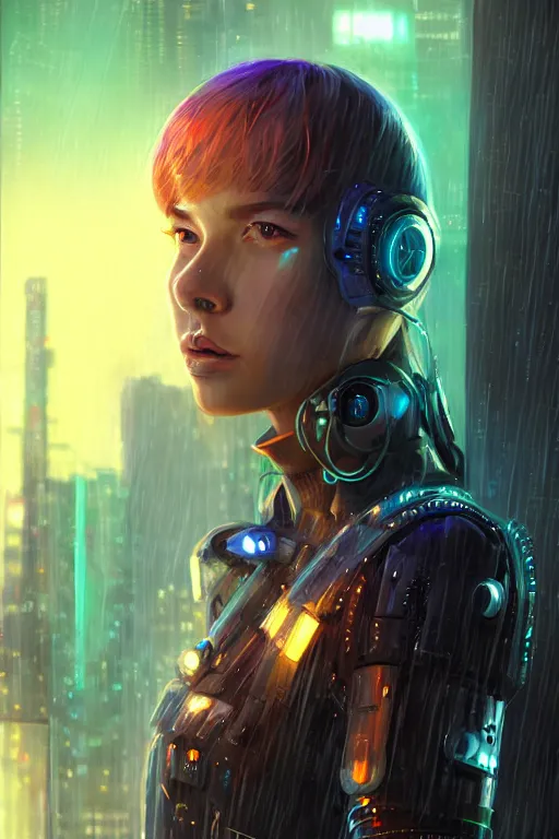 Prompt: portrait futuristic tawny cyberpunk young female Paladin, in futuristic heavily raindrop tokyo rooftop cyberpunk night, ssci-fi, fantasy, intricate, very very beautiful, elegant, neon light, highly detailed, digital painting, concept art, human anatomy, soft light, hdri, smooth, sharp focus, illustration, art by tian zi and craig mullins and WLOP and alphonse mucha