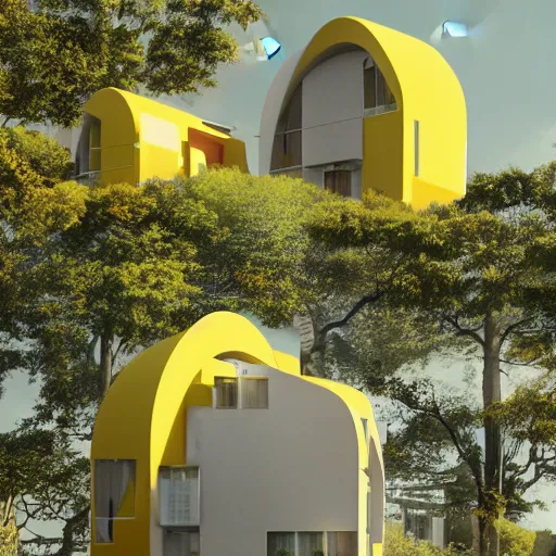 Image similar to futuristic flat roof yellow house with courtyard, on a hill surrounded by big trees, multiple moons, dramatic lighting, artstation, matte painting, raphael lacoste, simon stalenhag, frank lloyd wright, zaha hadid