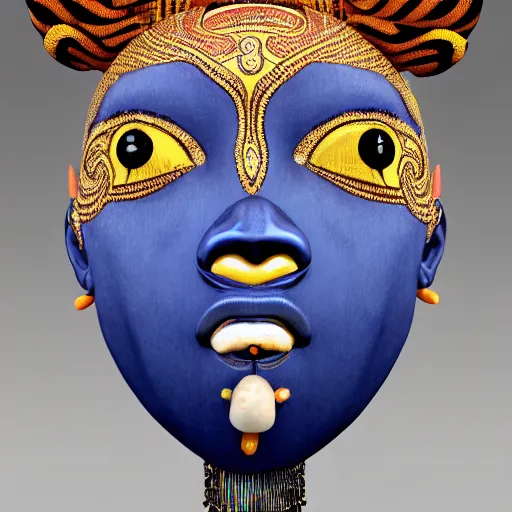 Prompt: A elegba eshu the yoruba god with cambodian goddess dress with cowrie shells for eyes dancing in the lake, blue color themed, insanely detailed and intricate, face painted, golden ratio, hypermaximalist, elegant, ornate, luxury, elite, James jean, Brian froud, ross tran, realistic 3D, hyper realistic, super detailed, realistic octane render, 8K, fashion photography