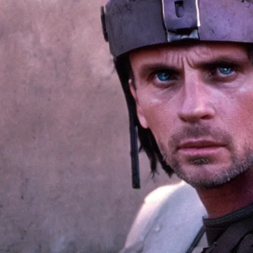 Prompt: movie still of michael biehn as a young solid snake, 3 5 mm