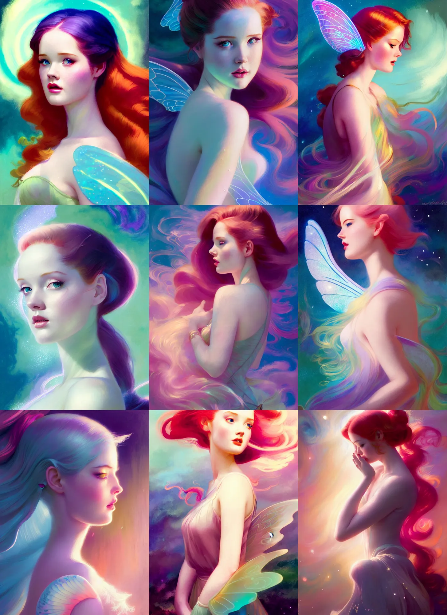 Prompt: side portrait, ellie bamber, pixie, fairy wing, gloomhaven, luminescent, colorful swirly magic ripples, pastel colors, by greg manchess, huang guangjian, gil elvgren, sachin teng, greg rutkowski, jesper ejsing, ilya kuvshinov