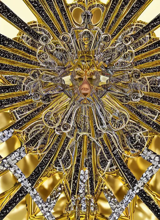 Image similar to a magnificent symmetrical being made of detailed crystals light and golden gothic ornaments by alex gray. 3D, 8k resolution