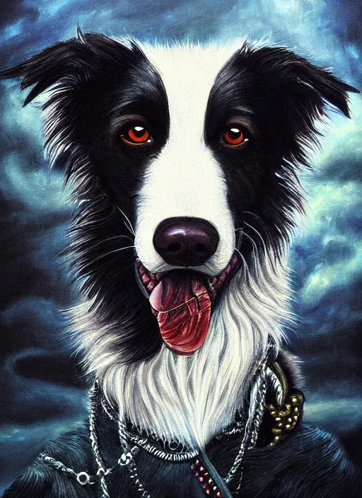 Prompt: a portrait of border collie cultist of sthulhu golden bangles arcane an ultrafine detailed painting, detailed painting, detailed eyes!!, final fantasy lovecraft ghibly dark ominous athmosphere