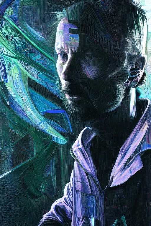 Image similar to A portrait of Thom Yorke as a cyberpunk android, iridescent geometry, surrounded by fractal dust, highly detailed, intricate, soft, sci-fi, sharp focus, subsurface scattering, art by Caravaggio, Greg rutkowski, Moebius, Greg Rutkowski, Alphonse Mucha, Norman Rockwell, Tom Bagshaw.