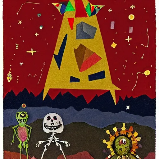 Image similar to pixel decollage painting tarot devil card composition tower of babel road red armor maggot bear and wonky alien frog skeleton knight on a horse in a dark red cloudy night sky with golden foil jewish stars, occult symbols and diamonds, mountain lake and blossoming field in background, painted by Mark Rothko, Helen Frankenthaler, Danny Fox and Hilma af Klint, pixelated, neo expressionism, semi naive, pastel colors, cinematic, color field painting, cave painting, voxel, pop art look, outsider art, minimalistic. Bill Traylor painting, part by Philip Guston and Francis Bacon. art by Adrian Ghenie, very coherent symmetrical artwork, cinematic, hyper realism, high detail, octane render, unreal engine, Smooth gradients, depth of field, full body character drawing, extremely detailed, 8k, extreme detail, intricate detail, masterpiece