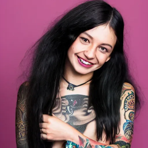 Image similar to full body portrait of a beautiful female skateboarder, black long hair, neck tattoos, full lips and a cheeky smile, uhd, 8k, award winning