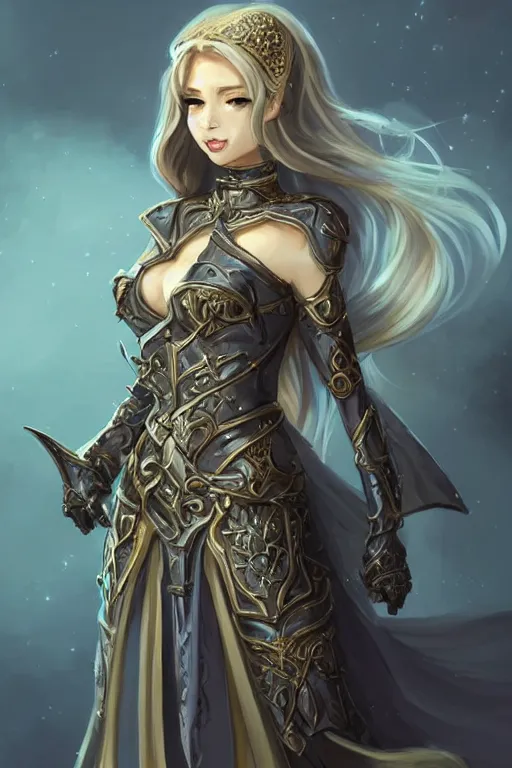 Image similar to a full body portrait of a gorgeous female paladin, D&D, choker on neck, stylish dress, very long flowing hair, intricate, elegant, stylish, cute slightly nerdy smile, mouth slightly open, fantasy, highly detailed, digital painting, artstation, concept art, smooth, sharp focus, illustration, art by artgerm and greg rutkowski and alphonse mucha