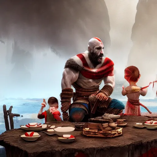 Image similar to god of war having a tea party with little kids, digital painting, 3 d, octane render, accurate