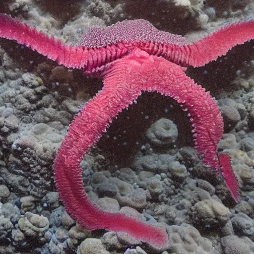 Prompt: pinkish crustacean brain coral with a pair of membranous bat - like wings. where a head would be, they have a pink brain coral and covered in antennae. ( 1. 5 m ) numerous sets of paired appendages. unreal engine,