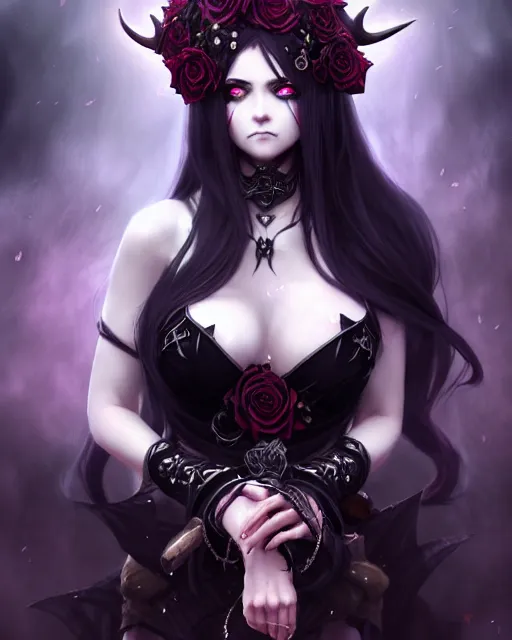 Prompt: ! dream dark sorceress in beautiful dress surrounded by black roses horns and skulls, final fantasy, cushart krenz, very detailed, realistic face, detailed face, matte, tonemapping, bbwchan, perfection, 4 k,