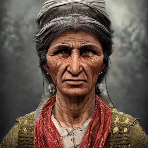 Image similar to hyperrealistic mixed media high resolution image of a beautiful Kurdish grandmother, stunning 3d render inspired art by István Sándorfi and Greg Rutkowski and Unreal Engine, perfect symmetry, dim volumetric lighting, 8k octane beautifully detailed render, post-processing, extremely hyper-detailed, intricate, epic composition, highly detailed attributes, highly detailed atmosphere, full body shot, cinematic lighting, masterpiece, trending on artstation, very very detailed, masterpiece, stunning, flawless structure, lifelike texture, perfection,