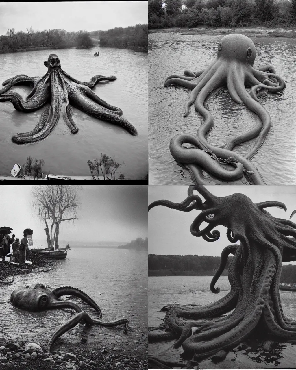 Prompt: giant oversized octopus dead at the side of the river, next to smal boat with people,on a village , Cinematic focus, Polaroid grayscale vintage 20s photo, vintage, neutral colors, soft lights, foggy, panorama by Steve Hanks, by Serov Valentin, by lisa yuskavage, by Andrei Tarkovsky