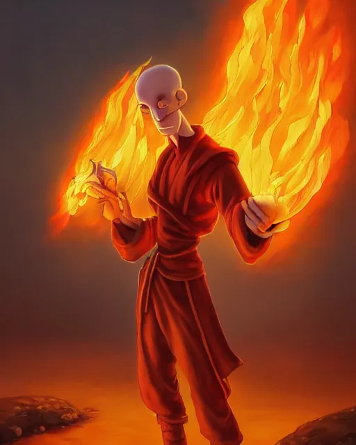 Prompt: [ squidward ] wearing fire nation clothing and practicing firebending outside at susnset, oil painting, highly [ detailed ], intricate, hd, sharp, photorealistic, by [ moebius ] and greg rutkowski and thomas kinkade, trending on artstation, trending on cgsociety, realistic shading and lighting, big nose