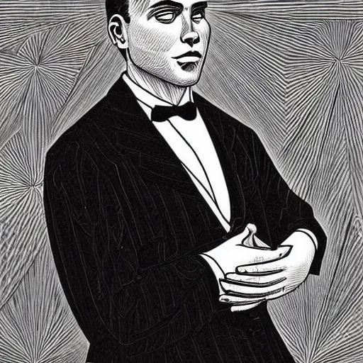 Prompt: cell shading opulent by chris van allsburg. a photograph of a suit. the man's eyes are closed & he has a serene, content look on his face. his arms are crossed in front of him & is floating in space. background is swirling with geometric shapes & patterns.