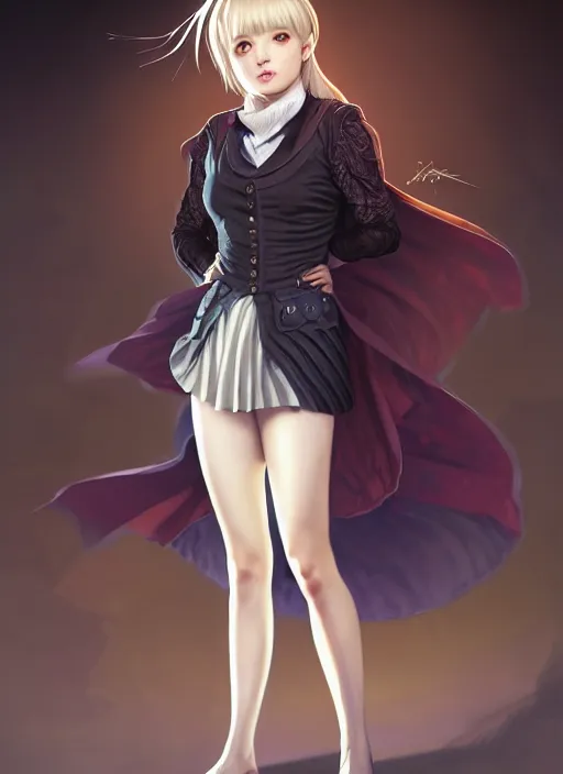 Image similar to portrait of a full body of beautiful young female detective, d & d, sleeveless turtleneck, pleated skirt, fantasy, flat lighting, intricate, highly detailed, digital painting, artstation, concept art, smooth, sharp focus, illustration, misa amane, art by simon bisley and greg rutkowski and alphonse mucha, natural tpose