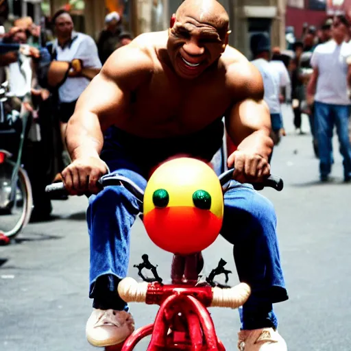 Image similar to mike tyson riding a tiny clown bike