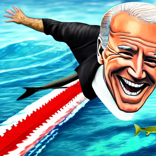 Image similar to joe biden sharkman swimming underwater, shark - human face, impressionism, gta 5, caricature, comic speed lines motion