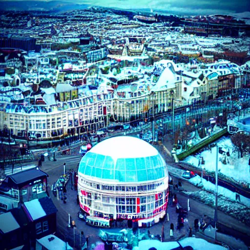 Prompt: snowglobe of a tiny town brighton uk, tilt - shift lomo photo