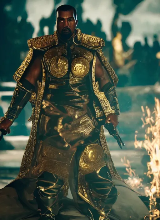 Image similar to kanye west as emperor napoleon in mortal kombat, splash art, movie still, cinematic lighting, dramatic, octane render, long lens, shallow depth of field, bokeh, anamorphic lens flare, 8 k, hyper detailed, 3 5 mm film grain