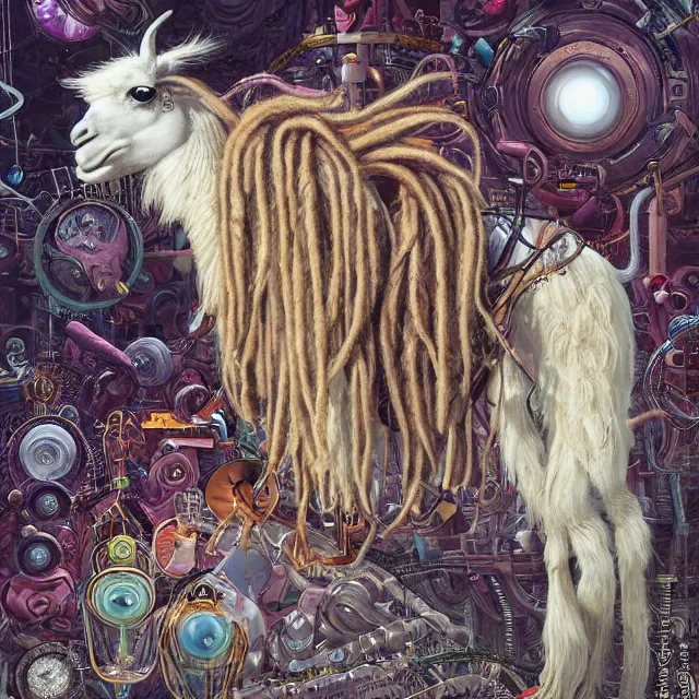 Image similar to llama with dreadlocks, industrial scifi, by mandy jurgens, ernst haeckel, by hsiao, james jean