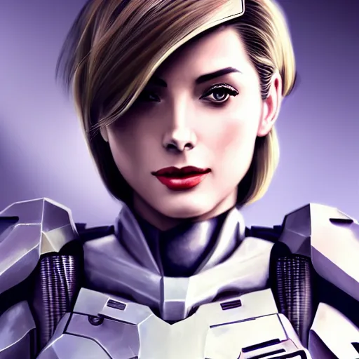 Image similar to A combination of Ada Wong's and Grace Kelly's and Ashley Greene's appearances with blonde hair wearing Master Chief's armor from Halo, high tech, action shot, angular, full body portrait, futuristic, dramatic, fantasy, intricate, elegant, highly detailed, digital painting, artstation, concept art, matte, sharp focus, illustration, 8K, art by Donato Giancola and James Gurney