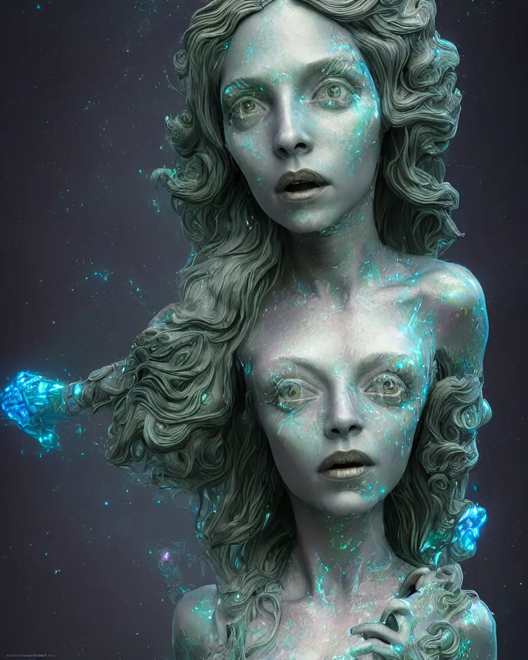 Prompt: a holographic portrait of a gorgeous etherial female gothic cemetery statue breaking apart by Andrew Ferez, metaphysical painting, cosmic horror, octane render, trending on cgsociety, featured on zbrush central, grotesque, digital painting, vanitas, new sculpture, mystical