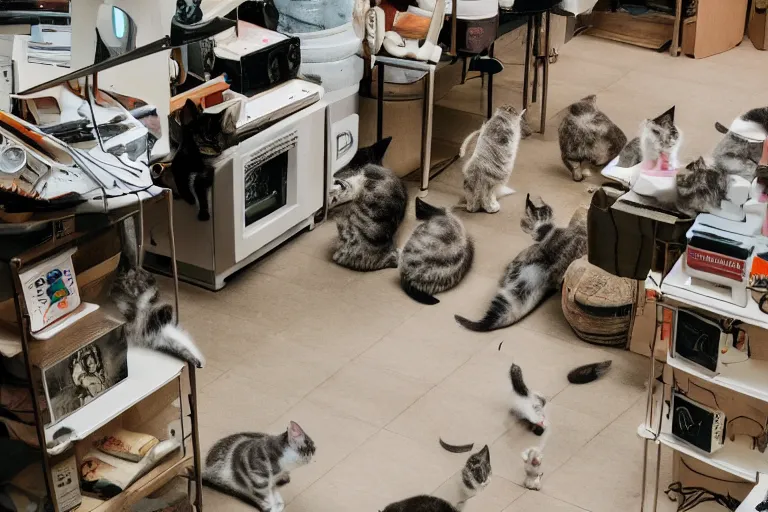 Image similar to overhead view, surveillance, empty store with some kittens sitting on the floor looking directly at the focal point of the camera