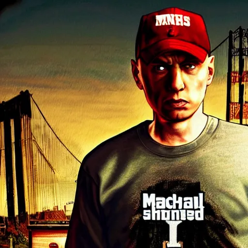 Prompt: Marshall Mathers in GTA V cover, rockstar games, eminem, slim shady,