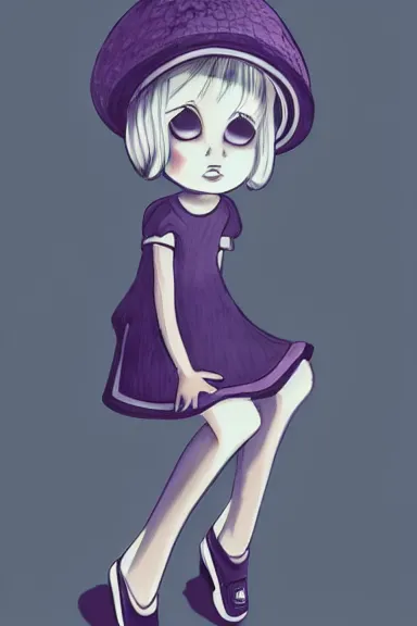 Image similar to a little girl wearing a mushroom hat in dress sitting | | purple curvy hair, pretty face, fine details, digial art by lois van baarle and sakimichan, anatomically correct, perfect composition, symmetrical, fantastic, clean details, anime character, extremely detailed