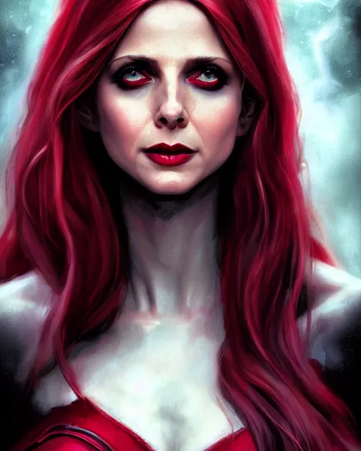 Prompt: Scarlet witch Sarah Michelle Gellar, evil smile, spells magic, realistic character concept, full body, scary pose, comic book, illustration, slender symmetrical face and body, cinematic lighting, high resolution, Charlie Bowater, Norman Rockwell, symmetrical eyes, single face, insanely detailed and intricate, beautiful