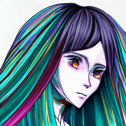 Image similar to anime girl with tourmaline hair, in the style of zaha hadid