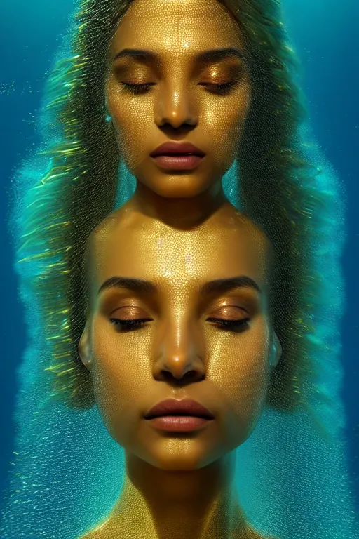 Prompt: hyperrealistic cinematic half underwater scene very expressive! translucent elegant african goddess, gold jewerly, highly detailed face, digital art masterpiece, aykut aydogdu zener, dramatic volumetric light, long shot, low angle uhd 8 k, sharp focus