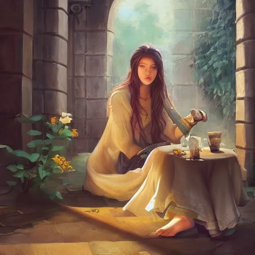 Prompt: a huge fantasy courtyard, a young pretty woman with long hair sits with a coffee, golden morning light, dramatic light, happy cozy feelings, oil painting trending on artstation