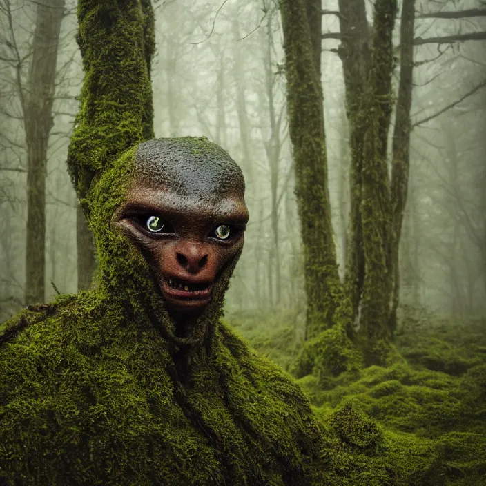 Image similar to a closeup of an alien, in a foggy mossy forest, by Omar Z. Robles, CANON Eos C300, ƒ1.8, 35mm, 8K, medium-format print