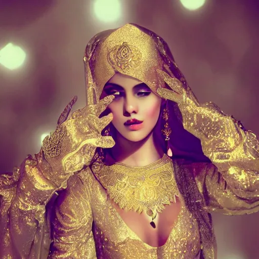 Prompt: aesthetic!!! Female genie in Arabic clothing, ethereal, gold tint, cinematic lighting