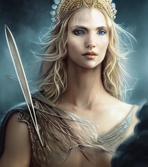 Image similar to portrait of very beautiful aphrodite goddess as an archer, arrow on the head, beautiful piercing eyes, flowing blonde hair, realistic face, black and white drawing, in the style of greg rutkowski, fantasy, amazing detail, epic, intricate, elegant, smooth, sharp focus