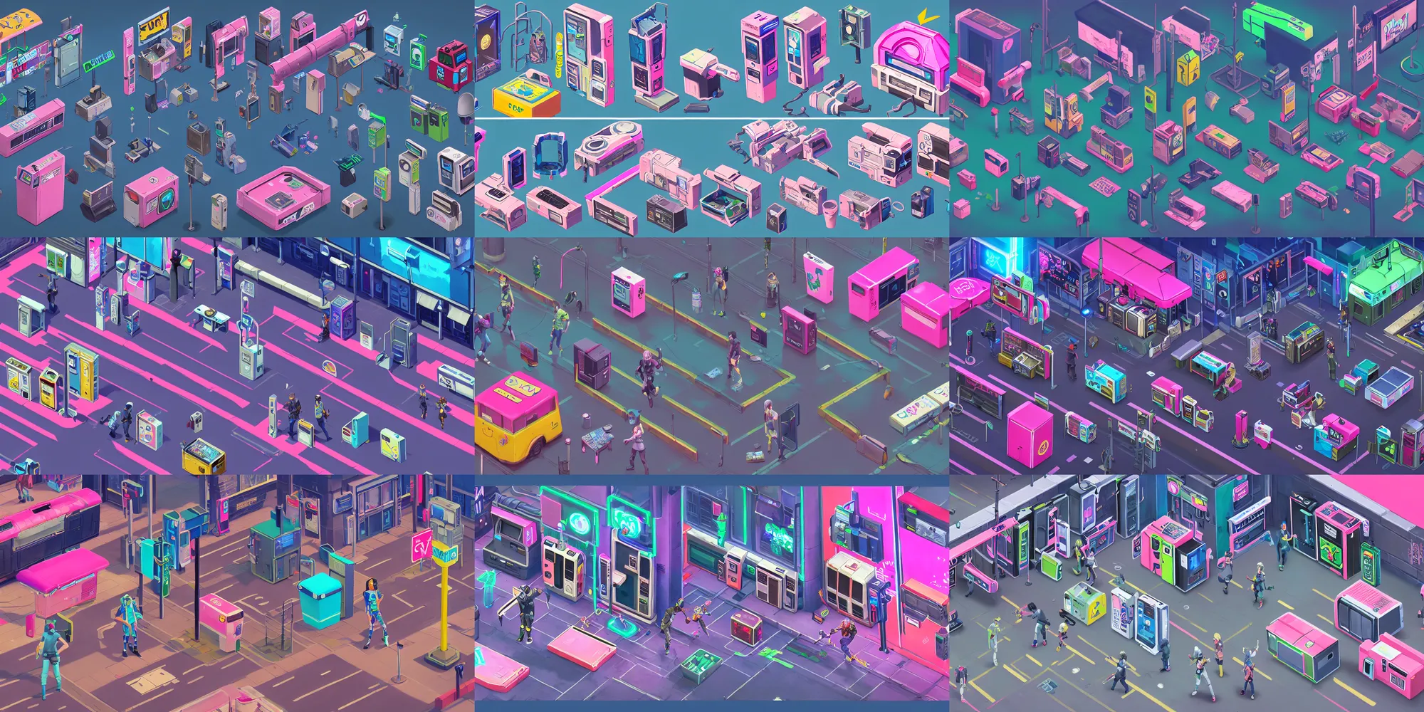 Prompt: game asset of the sims cyberpunk utensils of street furniture and decor, in gouache detailed paintings, props, stylized, 2 d sprites, kitbash, arcane, overwatch, blue and pink color scheme, traffic light signs and electric pole and box, vending machines, console and computer, camera and cctv, cables, trash can,, 8 k, close up