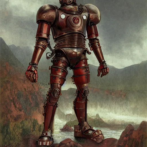 Prompt: full body rusty black steel single titan colossus terminator T-800 red eyed in pacing through valley, crossing the river, mountain valley to smoking fortress afar, breastplate armour, wires, machine gun, artillery, muscular torso, fine art, cinematic, artstation, matte painting, masterpiece by vasnetsov and surikov, JEAN-VICTOR BERTIN, by Terence Cuneo