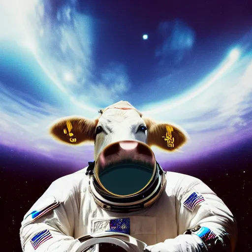 Prompt: a cow wearing an astronaut helmet, drifting in space, film grain, photo, saturated, 4k, hd, 8k