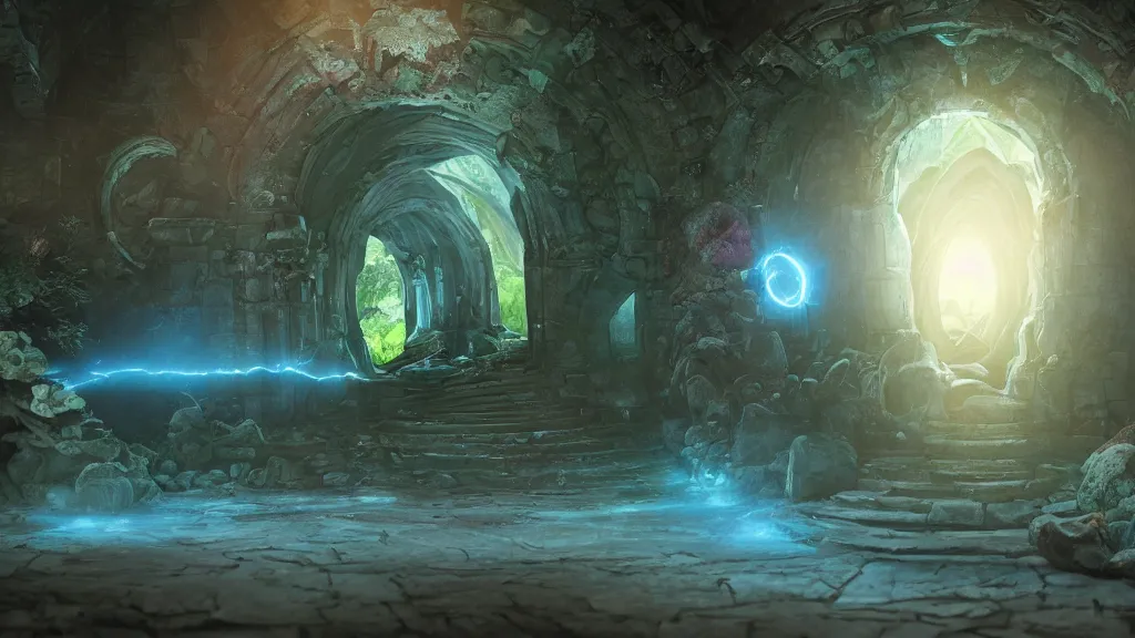 Prompt: a portal within a portal leading to a portal-filled portalworld, volumetric lighting, unreal engine 5, magical spellbinding atmosphere, photorealistic, vibrant colors, hyperdetailed 3d matte painting, hyperrealism, hyperrealistic, cinematic masterpiece, fantasy style 8k ultrahd octane render