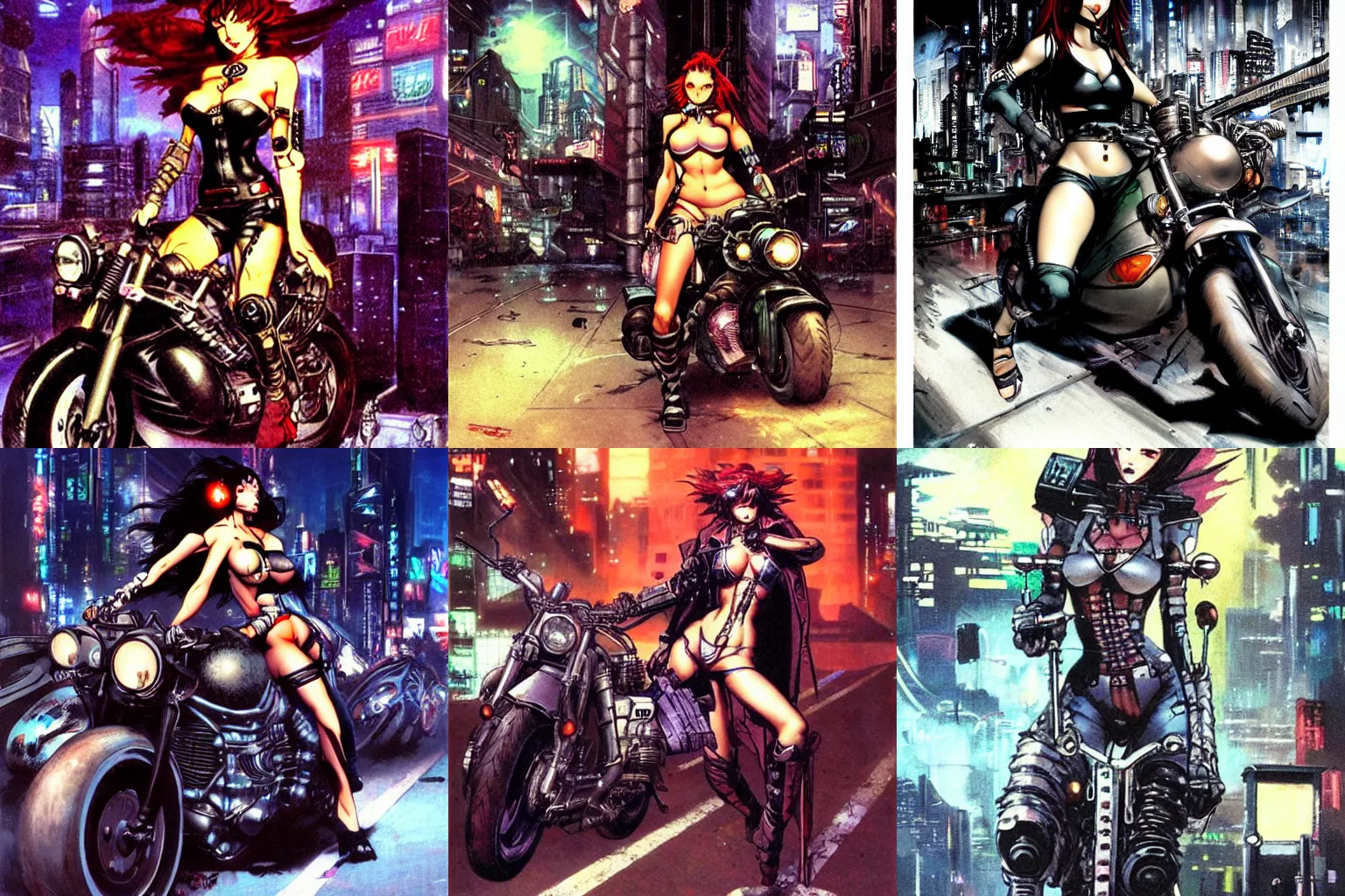 Prompt: attractive cyberpunk female on a motorcycle in a gritty futuristic anime city at night, art by Simon Bisley Frank Frazetta Martin Emond