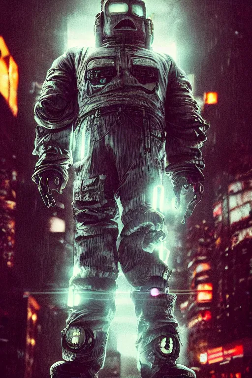 Image similar to Cyberpunk Marshmallow Man, dark atmosphere, cinematic shot, intricate, ornate, photorealistic, ultra detailed, realistic, 100mm, photography, neon, octane, high definition, depth of field, bokeh, 8k, artstation